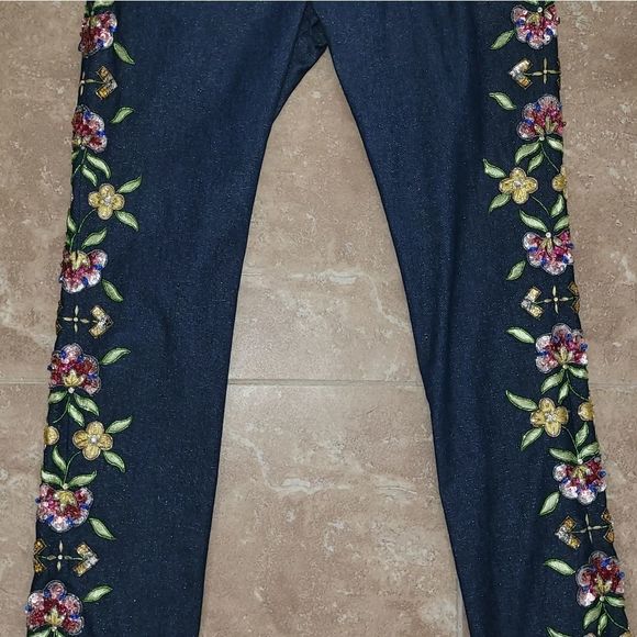 2002 Christian Dior VTG Blue Metallic Denim Pants w/Floral Embellishments - sz 8 - Picture 6 of 14
